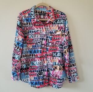 NWOT Karl Lagerfeld Paris Graffiti Print Button Up Blouse Womens Size Large NEW